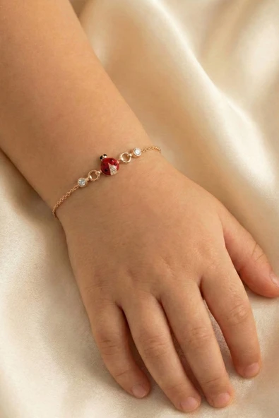 925 Ayar Gümüş Rose Kırmızı Mineli Uğur Böceği Figürlü Çocuk Bileklik SGTL13296ROSE ürün görseli 1