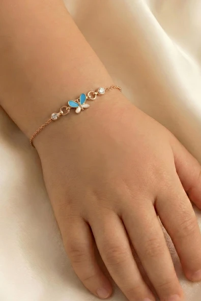 925 Ayar Gümüş Bileklik Rose Mavi Mineli Kelebek Figürlü Çocuk Bileklik SGTL13295ROSE ürün görseli 1