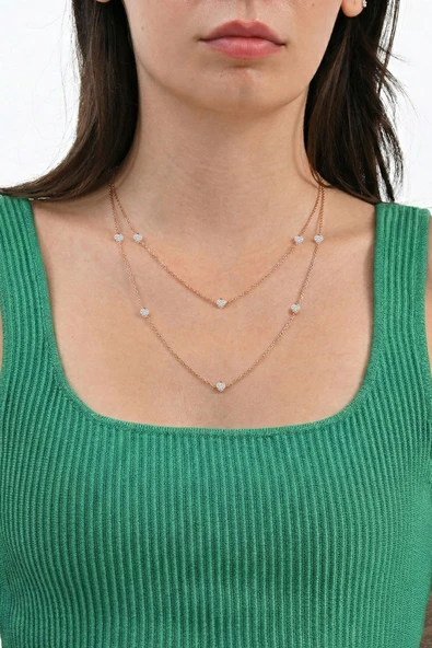 925 Ayar Gümüş Kolye Rose Kaplama Zirkon Taşlı Sıralı Uzun 100 cm Zincir Kolye SGTL13289ROSE ürün görseli 1