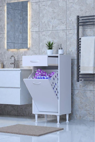 Eliusta Asil 50 cm Kirli Çamaşır Sepetli Banyo Dolabı 1 Çekmeceli Mutfak Çok Amaçlı Dolap 50x88x32,5 cm ürün görseli 1