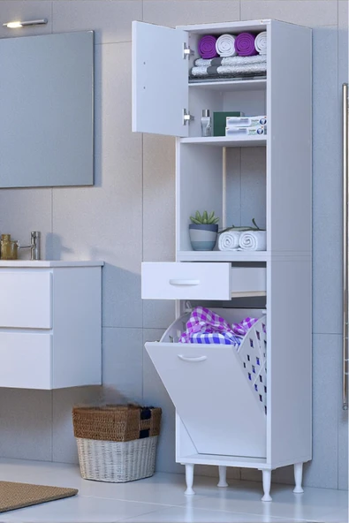 Eliusta Seris Sepetli ve Çekmeceli Banyo Dolabı  G:40 cm Çok Amaçlı Beyaz Düzenleyici 40x173x32,5 cm Dolap ürün görseli 1