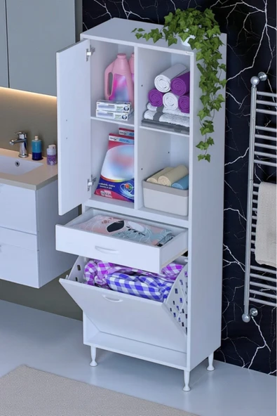 Eliusta Liora Beyaz Çok Amaçlı Banyo Dolabı 55 cm Genişliğe Sahip 55x171x32,5 cm Tek Sepetli 2 Raflı Dolap ürün görseli 1