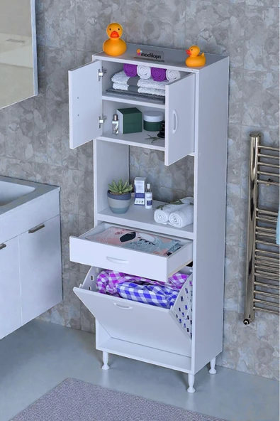 Eliusta Seris Sepetli ve Çekmeceli Banyo Dolabı  G:65 cm Çok Amaçlı Beyaz Düzenleyici 65x173x32,5 cm Dolap ürün görseli 1