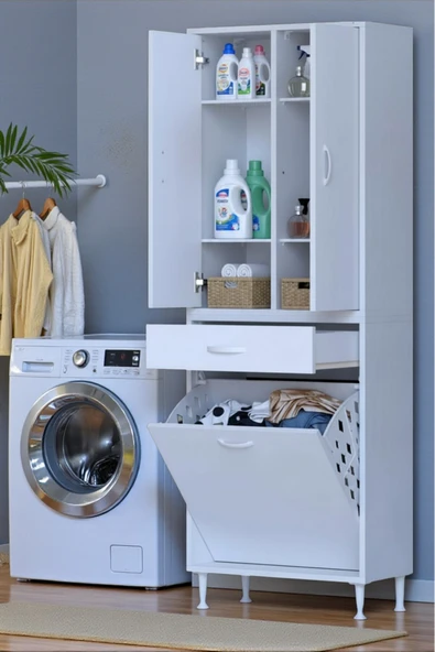 Eliusta Wall Beyaz Banyo Dolabı 60 cm Tek Göz Bölmeli Sepet 60x171x32,5 cm 4 Raflı Mutfak/Banyo Dolabı ürün görseli 1