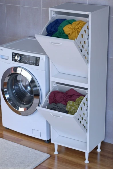 Eliusta Veluna 50 cm Kirli Çamaşır Sepetli Dolap Banyo Dolabı Beyaz 50x138x32,5 cm 2 Sepetli Dolap ürün görseli 1