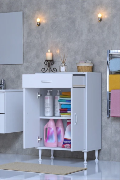 Fre 55 cm Çok Amaçlı Dolap 1 Raflı Tek Çekmeceli Banyo Mutfak Dolabı 55x88x32,5 cm Organizer Dolap ürün görseli 1