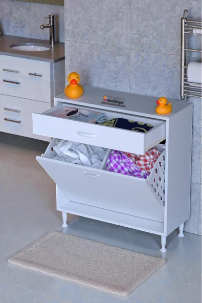 Eliusta Asil 85 cm Kirli Çamaşır Sepetli Banyo Dolabı 1 Çekmeceli Mutfak Çok Amaçlı Dolap 85x88x32,5 cm ürün görseli 1