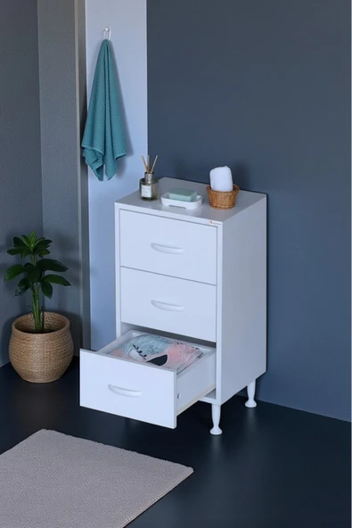 Eliusta Seçer 3 Çekmeceli 45 cm Banyo ve Mutfak Dolabı Beyaz 45x75x32,5 cm Çok Amaçlı Organizer Dolap ürün görseli 1