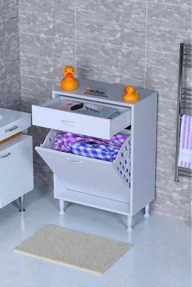 Eliusta Asil 55 cm Kirli Çamaşır Sepetli Banyo Dolabı 1 Çekmeceli Mutfak Çok Amaçlı Dolap 55x88x32,5 cm ürün görseli 1