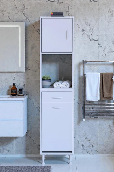 Eliusta Seris Sepetli ve Çekmeceli Banyo Dolabı  G:45 cm Çok Amaçlı Beyaz Düzenleyici 45x173x32,5 cm Dolap ürün görseli 1