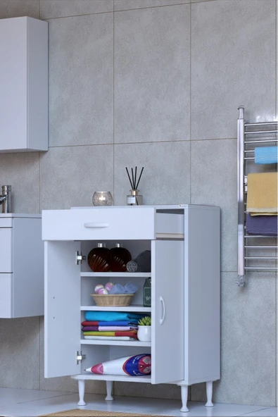 Eliusta Rose 65 cm Beyaz 1 Çekmeceli Banyo Mutfak Dolabı 4 Bölmeli 3 Raflı Çok Amaçlı Dolap 65x88x32,5 cm ürün görseli 1