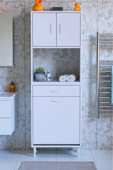 Eliusta Seris Sepetli ve Çekmeceli Banyo Dolabı  G:60 cm Çok Amaçlı Beyaz Düzenleyici 60x173x32,5 cm Dolap ürün görseli 1