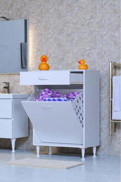Eliusta Asil 60 cm Kirli Çamaşır Sepetli Banyo Dolabı 1 Çekmeceli Mutfak Çok Amaçlı Dolap 60x88x32,5 cm ürün görseli 1