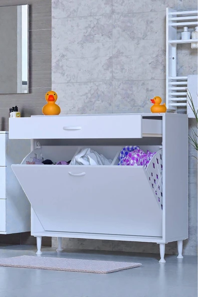 Eliusta Asil 95 cm Kirli Çamaşır Sepetli Banyo Dolabı 1 Çekmeceli Mutfak Çok Amaçlı Dolap 95x88x32,5 cm ürün görseli 1