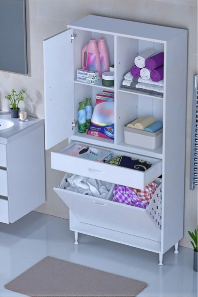 Eliusta Liora Beyaz Çok Amaçlı Banyo Dolabı 85 cm Genişliğe Sahip 85x171x32,5 cm Çift Sepetli 2 Raflı Dolap ürün görseli 1