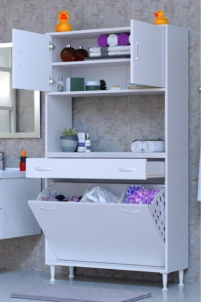 Eliusta Seris Sepetli ve Çekmeceli Banyo Dolabı  G:100 cm Çok Amaçlı Beyaz Düzenleyici 100x173x32,5 cm Dolap ürün görseli 1