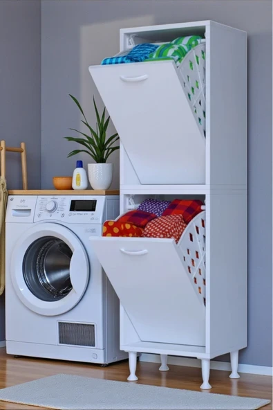 Eliusta Veluna 40 cm Kirli Çamaşır Sepetli Dolap Banyo Dolabı Beyaz 40x138x32,5 cm 2 Sepetli Dolap ürün görseli 1