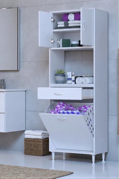 Eliusta Seris Sepetli ve Çekmeceli Banyo Dolabı  G:55 cm Çok Amaçlı Beyaz Düzenleyici 55x173x32,5 cm Dolap ürün görseli 1