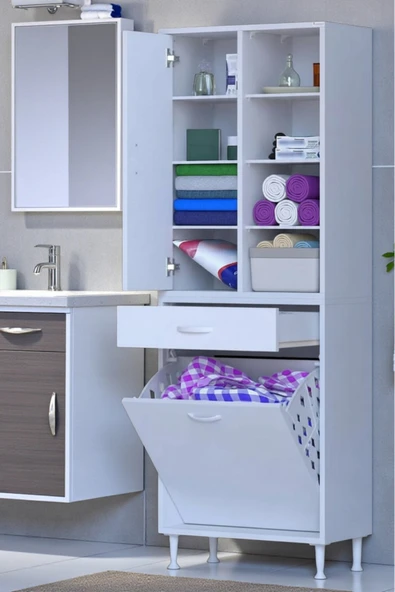 Eliusta Rule Sepetli Banyo/Mutfak Dolabı 55 cm Genişliğe Sahip 55x171x32,5 cm  Bir Sepetli Beyaz Dolap ürün görseli 1