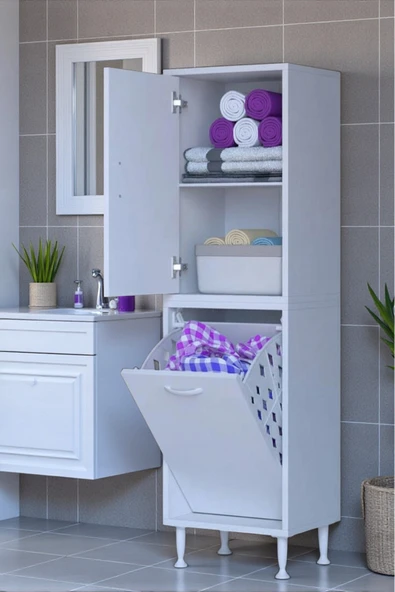 Eliusta Miretta Üst Bölme Kapaklı Altı Kirli Sepetli Dolap 50 cm Genişlik Beyaz 50x138x32,5 cm Dolap ürün görseli 1