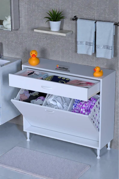 Eliusta Asil 100 cm Kirli Çamaşır Sepetli Banyo Dolabı 1 Çekmeceli Mutfak Çok Amaçlı Dolap 100x88x32,5 cm ürün görseli 1