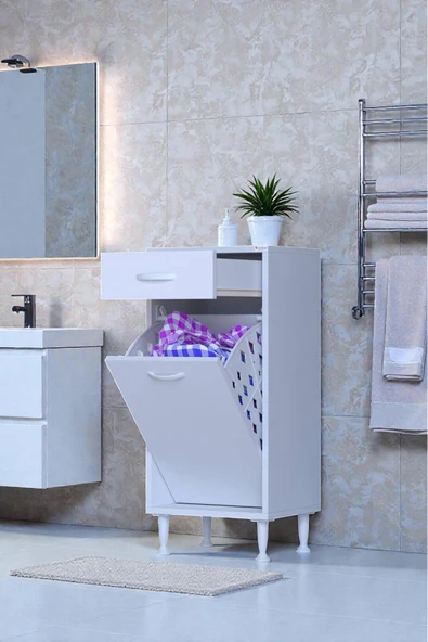 Eliusta Asil 35 cm Kirli Çamaşır Sepetli Banyo Dolabı 1 Çekmeceli Mutfak Çok Amaçlı Dolap 35x88x32,5 cm ürün görseli 1