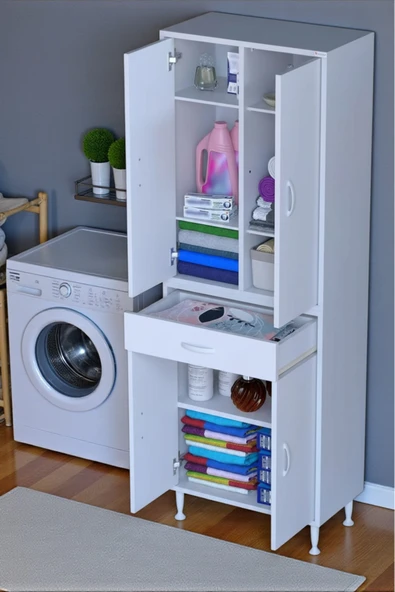 Eliusta Line Beyaz 60 cm Banyo Dolabı Çok Bölmeli Banyo Düzenleyici Dolap 4 Kapaklı 4 Raflı 60x173x32,5 cm ürün görseli 1