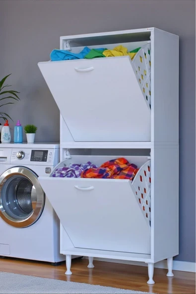 Eliusta Veluna 55 cm Kirli Çamaşır Sepetli Dolap Banyo Dolabı Beyaz 55x138x32,5 cm 2 Sepetli Dolap ürün görseli 1