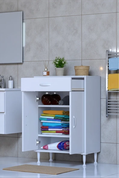 Eliusta Taha 55 cm 3 Bölmeli Beyaz Çok Amaçlı Dolap 2 Raflı Banyo Mutfak Dolabı 55x88x32,5 cm Düzenleyici ürün görseli 1