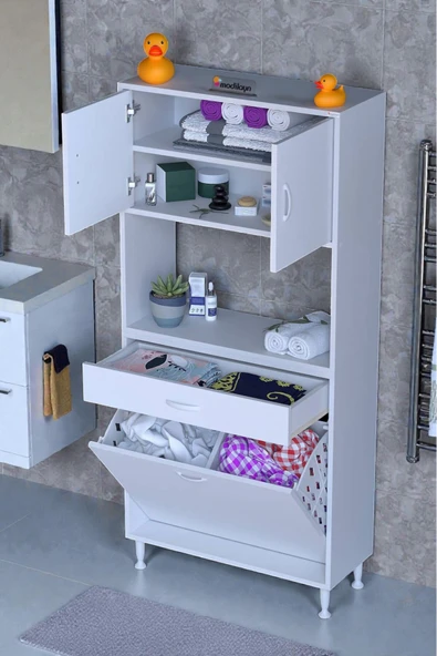 Eliusta Seris Sepetli ve Çekmeceli Banyo Dolabı  G:80 cm Çok Amaçlı Beyaz Düzenleyici 80x173x32,5 cm Dolap ürün görseli 1