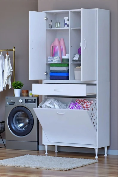 Eliusta Wall Beyaz Banyo Dolabı 70 cm İki Göz Bölmeli Sepet 70x171x32,5 cm 4 Raflı Mutfak/Banyo Dolabı ürün görseli 1