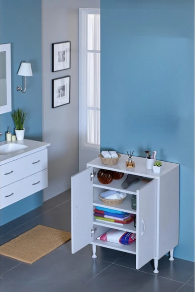 Eliusta Nirat 55 cm 4 Bölmeli Beyaz Banyo Mutfak Dolabı 3 Raflı Kapaklı Çok Amaçlı Dolap 55x75x32,5 cm ürün görseli 1