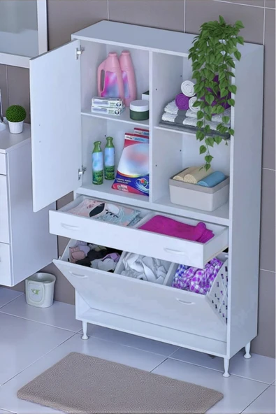 Eliusta Liora Beyaz Çok Amaçlı Banyo Dolabı 100 cm Genişliğe Sahip 100x171x32,5 cm Üç Sepetli 2 Raflı Dolap ürün görseli 1