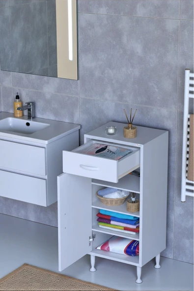 Eliusta Rose 40 cm Beyaz 1 Çekmeceli Banyo Mutfak Dolabı 4 Bölmeli 3 Raflı Çok Amaçlı Dolap 40x88x32,5 cm ürün görseli 1