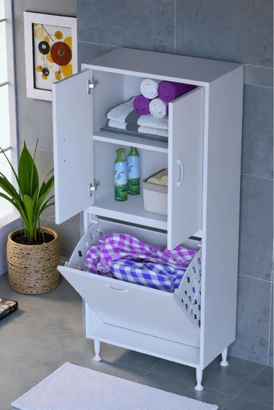 Eliusta Miretta Üst Bölme Kapaklı Altı Kirli Sepetli Dolap 60 cm Genişlik Beyaz 60x138x32,5 cm Dolap ürün görseli 1