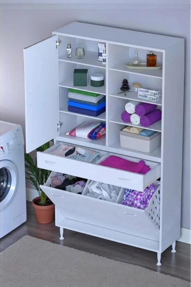 Eliusta Rule Sepetli Banyo/Mutfak Dolabı 100 cm Genişliğe Sahip 100x171x32,5 cm Üç Sepetli Beyaz Dolap ürün görseli 1