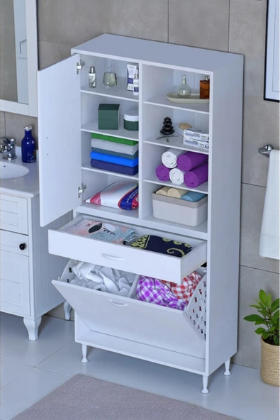 Eliusta Rule Sepetli Banyo/Mutfak Dolabı 80 cm Genişliğe Sahip 80x171x32,5 cm İki Sepetli Beyaz Dolap ürün görseli 1