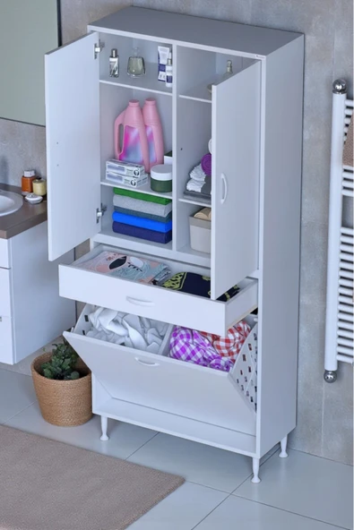 Eliusta Wall Beyaz Banyo Dolabı 85 cm İki Göz Bölmeli Sepet 85x171x32,5 cm 4 Raflı Mutfak/Banyo Dolabı ürün görseli 1