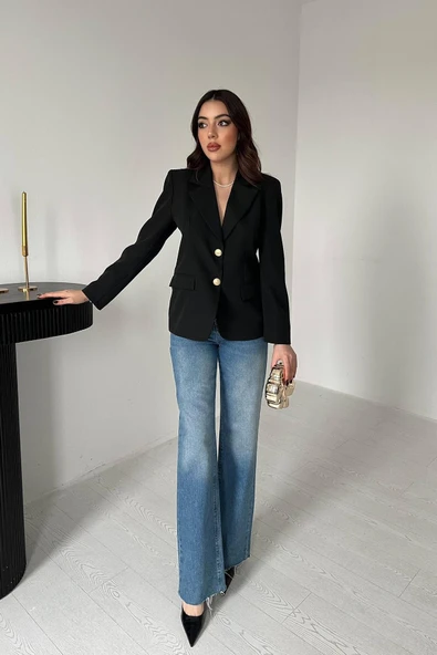 Kadın Klasik Yaka Gold Düğme Detaylı Blazer Ceket ürün görseli 1