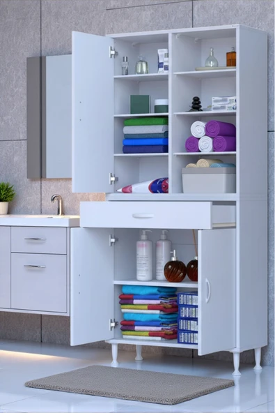 Eliusta Funci Beyaz Renk G:80 cm Banyo Dolabı 3 Kapaklı 7 Raflı Dolap 80x173x32,5 cm Boyutlarında Dolap ürün görseli 1
