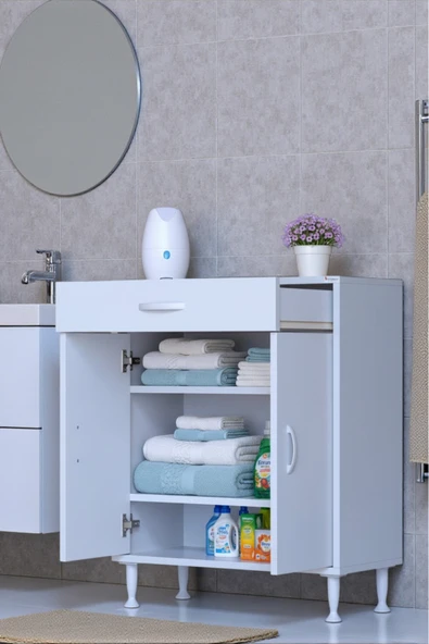 Eliusta Taha 65 cm 3 Bölmeli Beyaz Çok Amaçlı Dolap 2 Raflı Banyo Mutfak Dolabı 65x88x32,5 cm Düzenleyici ürün görseli 1