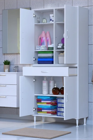 Eliusta Line Beyaz 75 cm Banyo Dolabı Çok Bölmeli Banyo Düzenleyici Dolap 4 Kapaklı 4 Raflı 75x173x32,5 cm ürün görseli 1