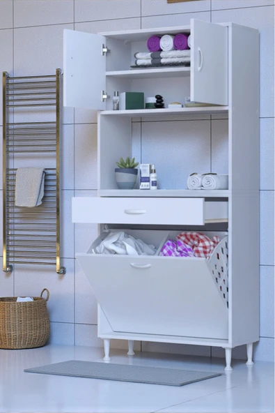 Eliusta Seris Sepetli ve Çekmeceli Banyo Dolabı  G:85 cm Çok Amaçlı Beyaz Düzenleyici 85x173x32,5 cm Dolap ürün görseli 1