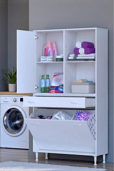 Eliusta Liora Beyaz Çok Amaçlı Banyo Dolabı 95 cm Genişliğe Sahip 95x171x32,5 cm Üç Sepetli 2 Raflı Dolap ürün görseli 1