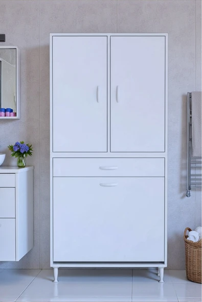 Eliusta Wall Beyaz Banyo Dolabı 65 cm Tek Göz Bölmeli Sepet 65x171x32,5 cm 4 Raflı Mutfak/Banyo Dolabı ürün görseli 1