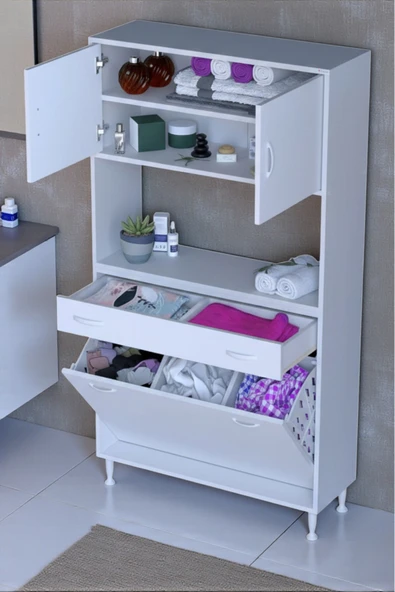Eliusta Seris Sepetli ve Çekmeceli Banyo Dolabı  G:95 cm Çok Amaçlı Beyaz Düzenleyici 95x173x32,5 cm Dolap ürün görseli 1