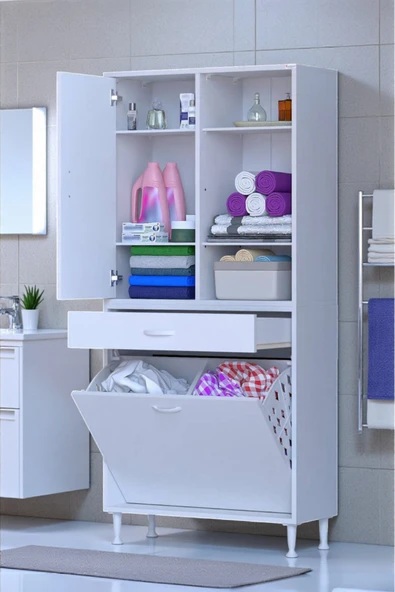 Eliusta Mira Dolap 6 Bölme Çok Fonksiyonlu Banyo Dolabı 85 cm Beyaz Sepetli Dolap 85x171x32,5 cm Organizer ürün görseli 1