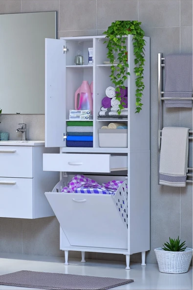 Eliusta Mira Dolap 6 Bölme Çok Fonksiyonlu Banyo Dolabı 55 cm Beyaz Sepetli Dolap 55x171x32,5 cm Organizer ürün görseli 1