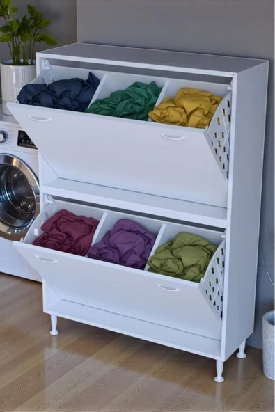 Veluna 90 cm Kirli Çamaşır Sepetli Dolap Banyo Dolabı Beyaz 90x138x32,5 cm 6 Sepetli Dolap