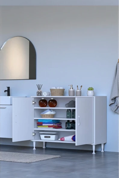 Eliusta Nirat 90 cm 4 Bölmeli Beyaz Banyo Mutfak Dolabı 3 Raflı Kapaklı Çok Amaçlı Dolap 90x75x32,5 cm ürün görseli 1
